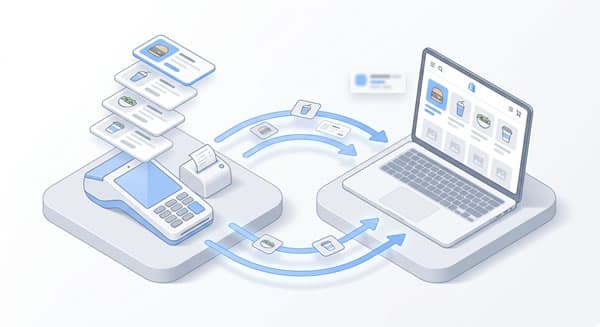 Illustration showing product sync flow from Toast POS to Shopify storefront